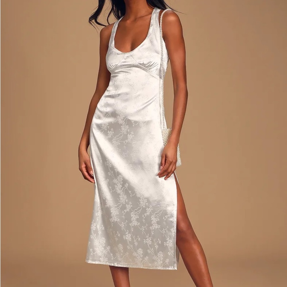 Lulus White Satin Midi Floral Jacquard Dress Size Large